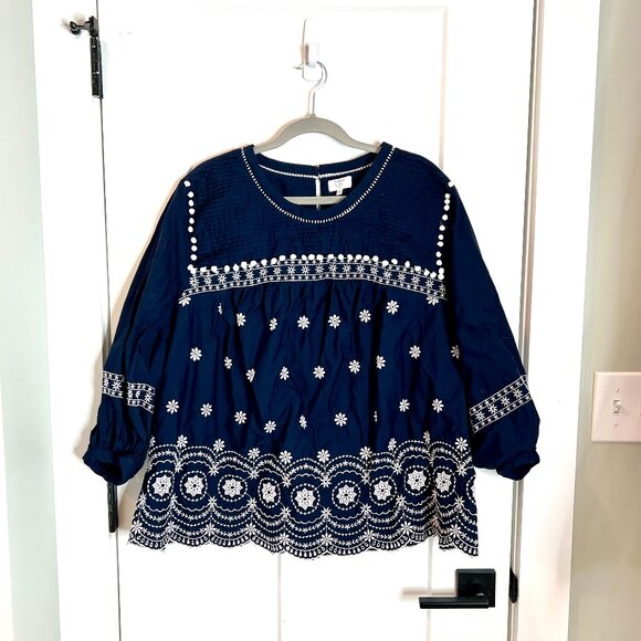 Crown & Ivy Navy Blue Eyelet Lace Scallop Hem Preppy Classic Peasant Top Size 3X - Picture 1 of 6